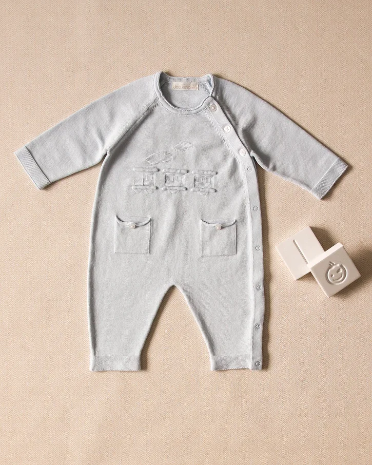 Baby Blue Train Knit Sleepsuit
