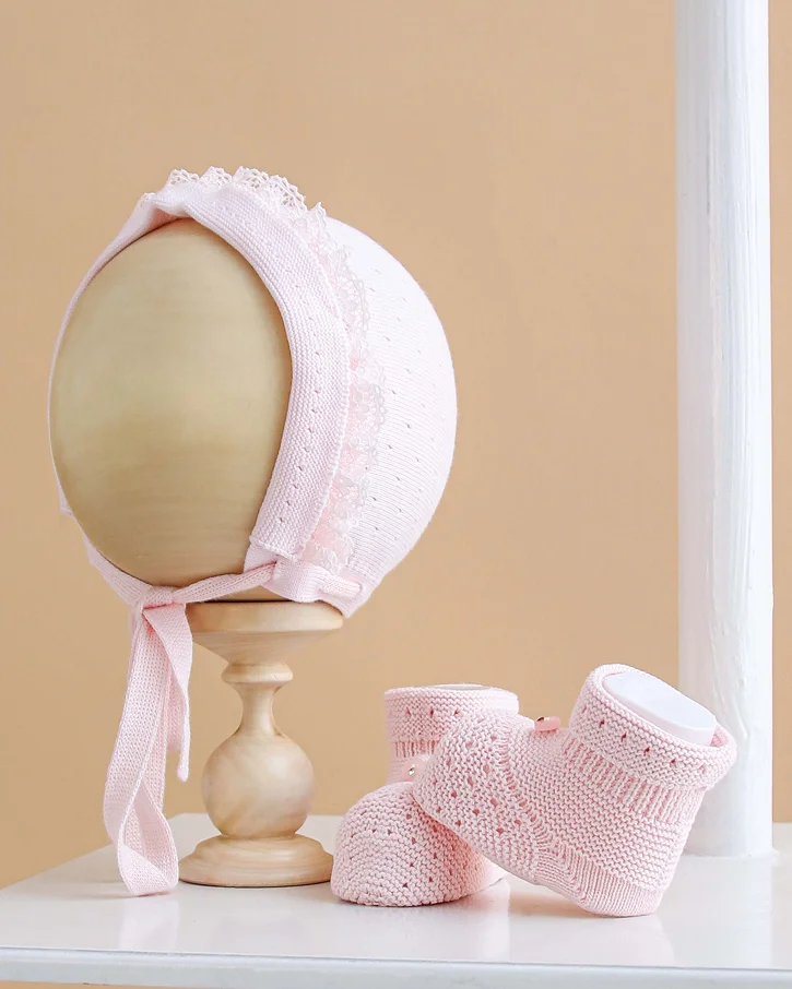 Blossom Lace Bonnet & Booties Set (Pink)
