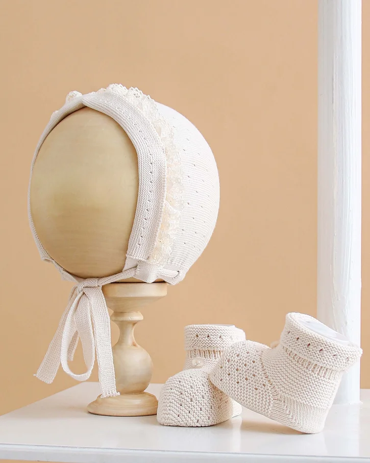 Champagne Lace Bonnet & Booties Set