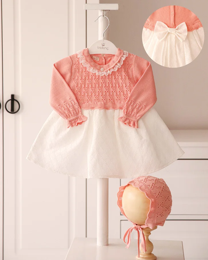 Coral Lace Knit Dress & Bonnet