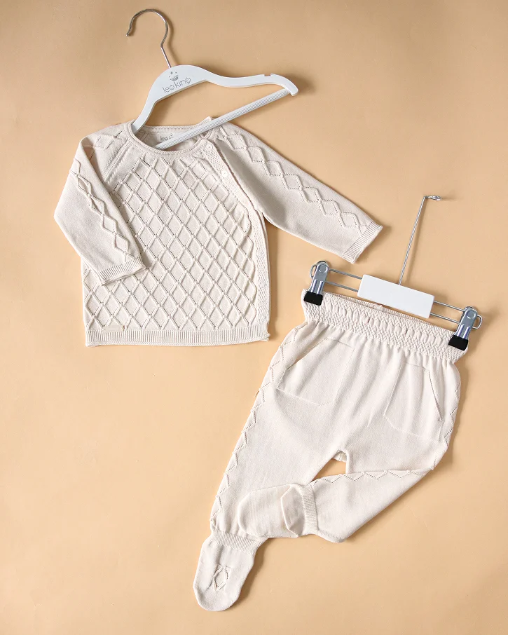 Cream Diamond Knit Sweater & Footed Pants
