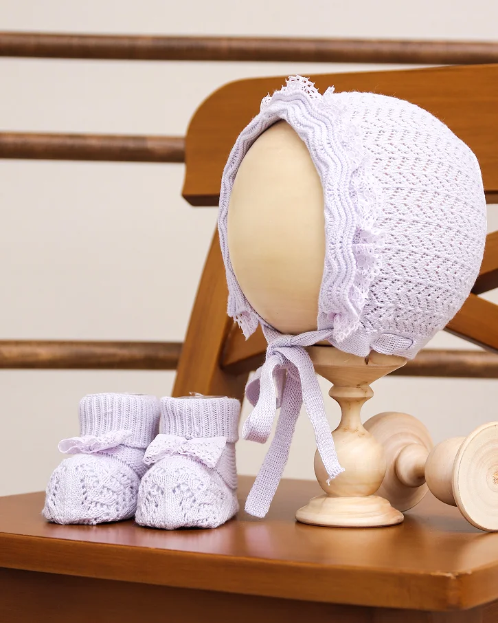 Lavender Blossom Knit Bonnet & Booties Set