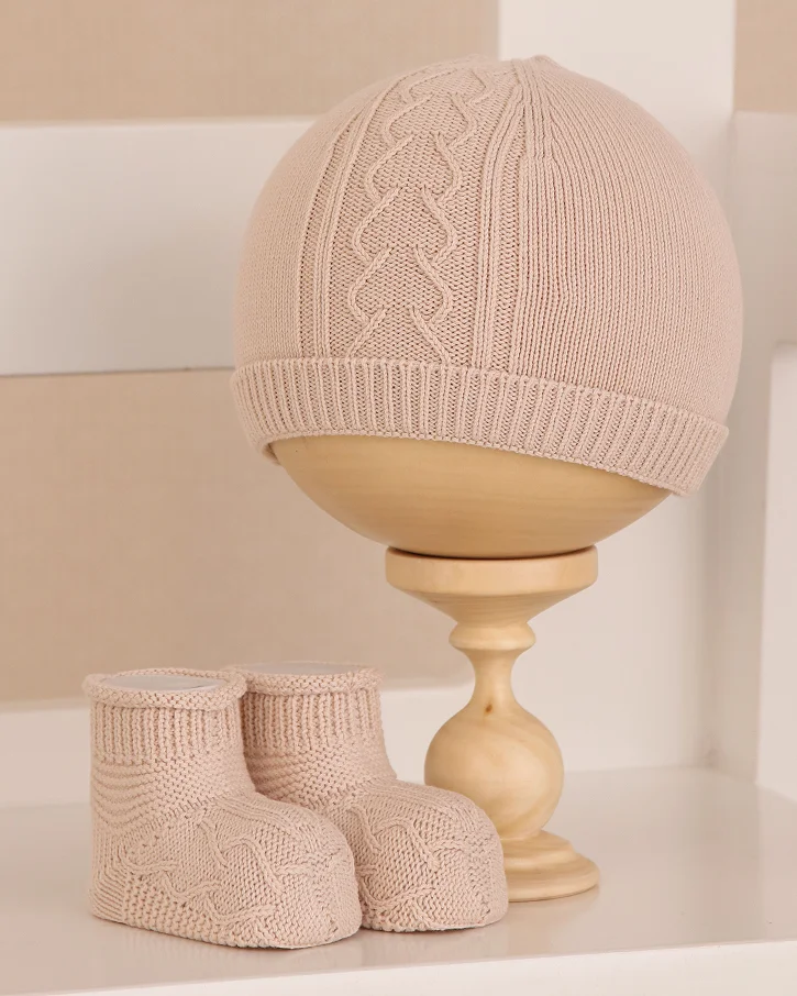 Peach Cable Knit Hat & Booties Set
