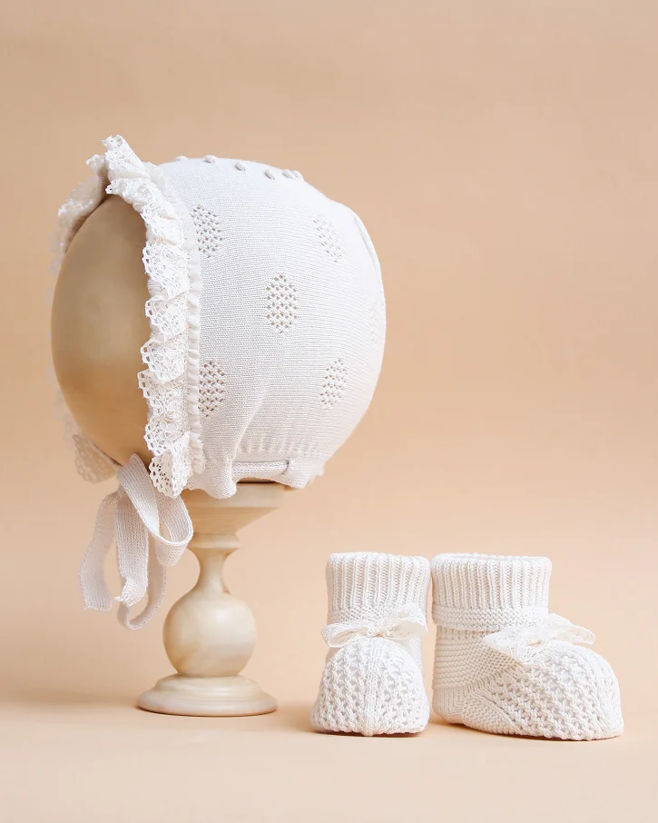 Sand Lace Ruffle Bonnet & Booties Set