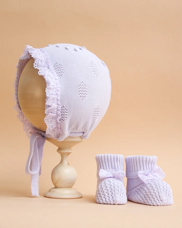 Violet Lace Ruffle Bonnet & Booties Set