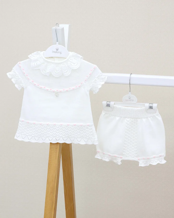 White & Pink Lace Knit Short Set