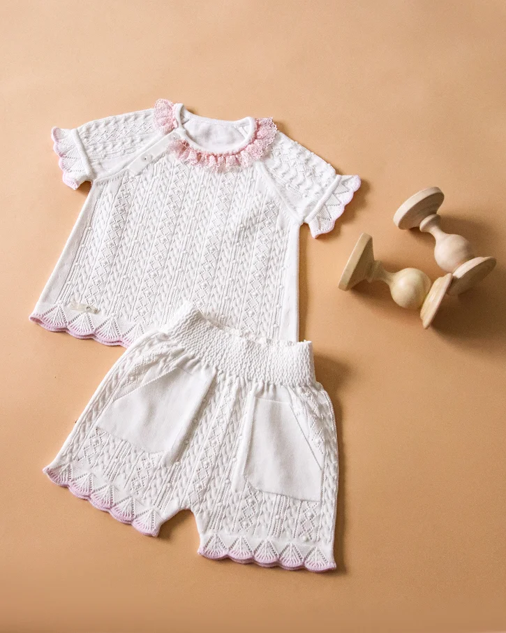 White & Pink Lace Knit Short Set